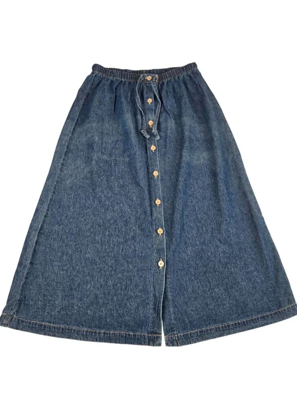 Vintage 90s Denim Jean Skirt Button Front A-Line Womens M Elastic Waist Modest